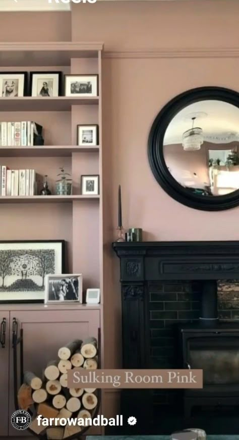 Snug Room Paint Ideas, Black Fireplace Pink Walls, Dusty Pink Sitting Room, Mauve Sitting Room, Guest Bedroom Colour Schemes, Sulking Room Pink Hallway, Pale Pink Living Room Walls, Sulking Room Pink Living Room, Dressing Room Colour Scheme