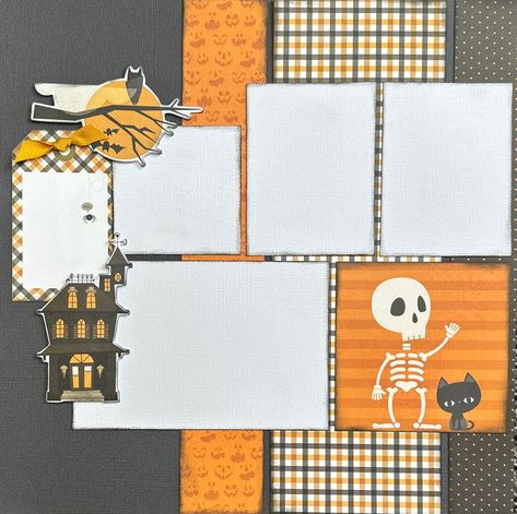 2 page layout kit -12x12. This kit has been created by Crop-A-Latte. All items are precut and ready to assemble. You'll also receive easy to follow instructions with a photo of the finished kit. Panoramic Scrapbook Layout, Scrapbook Fall Layouts, Photo Dies Layouts, September Scrapbook Ideas, Halloween Scrapbook Pages, Halloween Scrapbook Layouts, Simple Scrapbooking Layouts, Scrapbook Multiple Photos, Fall Layout