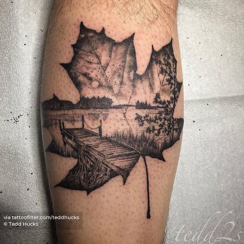 Canadian Flag Tattoo For Men, Canada Maple Leaf Tattoo, Toronto Maple Leaf Tattoo, New Hampshire Tattoo Ideas, New England Tattoo Ideas, Canadian Tattoo Ideas For Men, Maple Leaf Tattoo Canadian, Lake Tatoos, Canadian Maple Leaf Tattoo