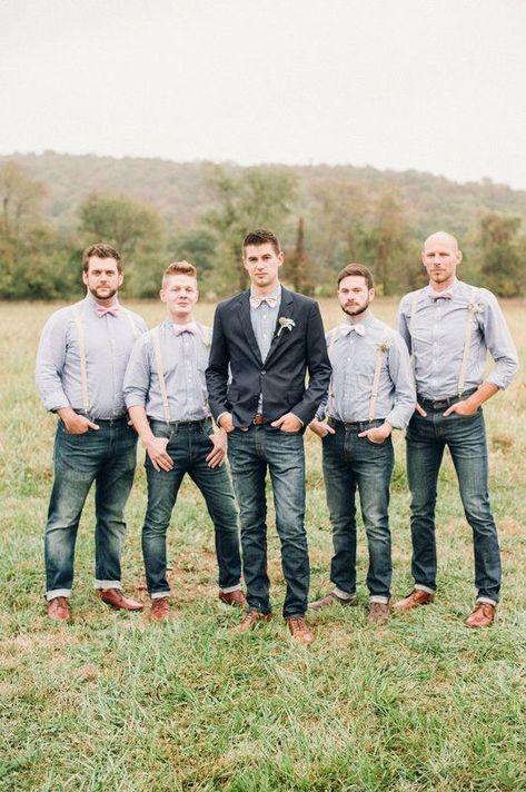 Black jeans dusty blue/Denim shirt plum/burgundy suspenders  brown shoes Vintage Groomsmen Attire, Groomsmen Jeans, Vintage Groomsmen, Rustic Wedding Attire, Rustic Wedding Groomsmen, Rustic Groom, Jeans Wedding, Wedding Groomsmen Attire, Mens Wedding Attire