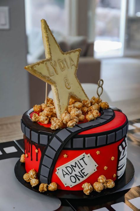 Birthday Movie Theme Ideas, Movies Birthday Cake, Movie Night Themed Birthday Cake, Movie Theater Themed Cake, Movie Theatre Birthday Cake, Birthday Cake Movie Theme, Movie Themed Birthday Party, Birthday Movie, Party Planning Checklist