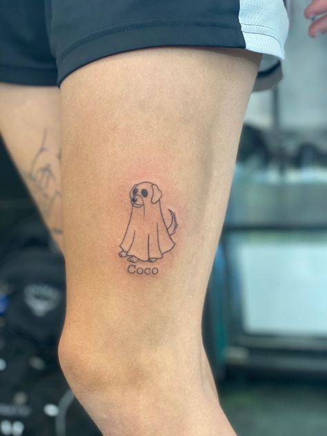 tattoo Dog In Ghost Costume Tattoo, Sheet Ghost Dog Tattoo, Ghost And Dog Tattoo, Dog Halloween Tattoo, Spooky Dog Tattoo, Ghost Walking Dog Tattoo, Casper The Ghost Tattoo, Halloween Dog Tattoo, Casper Tattoo Design