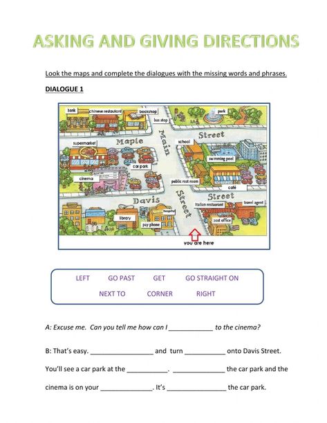 Asking And Giving Directions Worksheet, Giving Directions Worksheet, Directions Worksheet, Learning English For Kids, Give Directions, English As A Second Language (esl), English As A Second Language, Learning English, Excuse Me