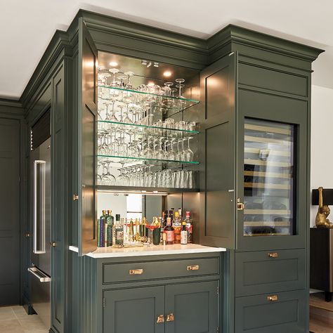 Luxury Green Kitchen | Fitted Kitchen | Tom Howley Bar In Kitchen Ideas, Pantry Wine Storage, Tom Howley Kitchen, Bar Dresser, Dream Kitchen Island, Wine Corner, Bar In Kitchen, Bar Cupboard, Tom Howley Kitchens