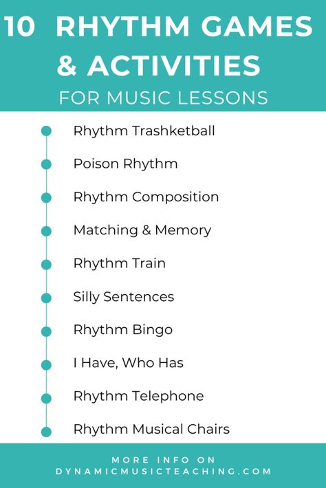 Infographic of 10 rhythm games & activities for kids. Teaching Rhythm To Elementary, Music Class For 3rd Grade, Jazz Lessons For Elementary Music, Rhythm Activities For Elementary, Music Class Lesson Plans, Music Teacher Resources, Last Day Of Music Class Activity, Music Week Activities, Music Games For Kids Movement Activities