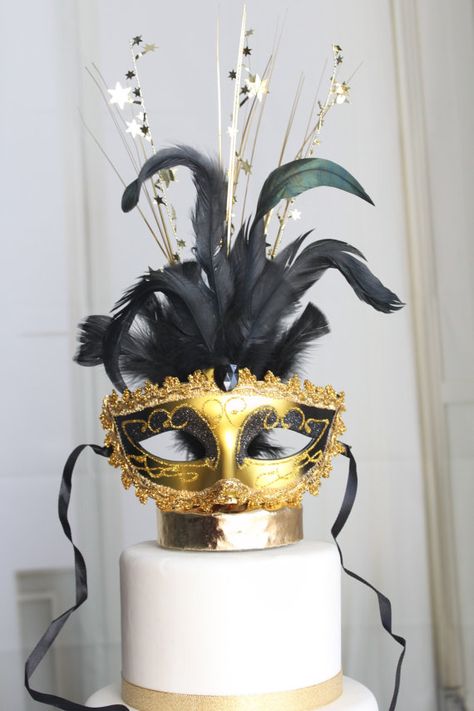 Masquerade Cake Topper, Mask, Gold and Black Glittery, Mardi Gras, Carnival, Venetian, OverTheTopCakeTopper Gold Venetian Masks For Party, Gold Masquerade Mask For Carnival Party, Cake Masquerade Theme, Black And Gold Masquerade Cake, Masquerade Quinceanera Ideas, Masquerade Cake Topper, Masquerade Party Cake, Black And Gold Mardi Gras Mask, Burlesque Cake