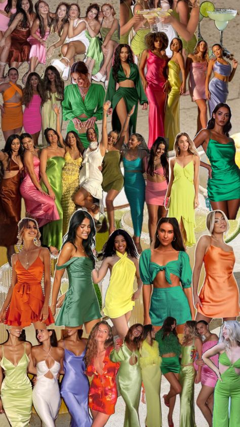 Collage of colorful dresses for Margs & Matrimony bachelorette party inspiration. Bachelorette Party Dresses, Bachelorette Dresses, Bachelorette Cocktails, Girls Dinner, Tropical Bachelorette Party, Bachelorette Inspo, Dance Style Outfits, Tropical Bachelorette, Dinner Dresses