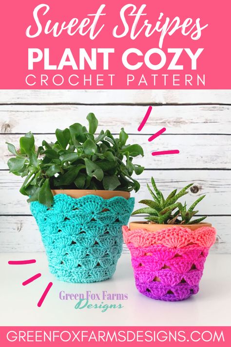 Sweet Stripes Plant Cozy Crochet Pattern • Green Fox Farms Designs Crochet Planter Cover, Plant Cozy, Crochet Plant Pot, Crochet Planter, Planter Cover, Crochet Plant Hanger, Coasters Crochet, Home Crochet, Cozy Pattern