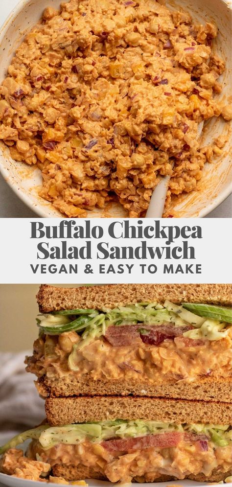 This Buffalo Chickpea Salad Sandwich is loaded with a flavorful and spicy buffalo chickpea filling and a ranch slaw. Easy to put together, no cooking and perfect for your next lunch meal prep. Chickpea Filling, Buffalo Chickpea Salad, Ranch Slaw, Vegan Buffalo Sauce, Chickpea Salad Vegan, Chickpea Sandwich, Buffalo Chickpea, Chickpea Salad Sandwich, Vegan Sandwiches