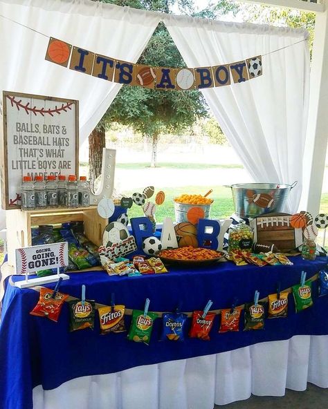 An MVP Is on His Way! | CatchMyParty.com Sports Themed Baby Shower Ideas For Boys, Sports Themed Baby Shower Ideas, Sports Theme Baby Shower Ideas, Sport Baby Shower Theme, Dodgers Baby Shower Ideas, Sports Baby Shower Theme For Boys, Sports Baby Shower Decorations, Basketball Theme Baby Shower, Baby Shower Sports