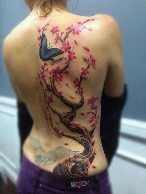 Cherry blossom and butterfly Cherry Blossom Tattoo Shoulder, Cherry Tree Tattoos, Cherry Blossom Tattoos, Cherry Blossom Tree Tattoo, Tree Tattoo Back, Japanese Back Tattoo, Cherry Tattoo, Blossom Tree Tattoo, Butterfly Back Tattoo