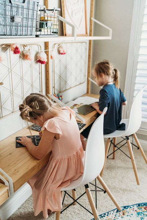 Playroom Makeover - the massey spot Kids Homework Room, Homeschool Room Design, Playroom Makeover, Homework Room, Kids Bedroom Storage, Shared Girls Room, Modern Playroom, What Once Was, Draw Color