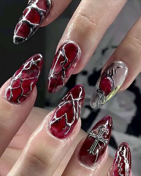 Vampy Nails, Vampire Nails, Fake Nails Designs, Punk Nails, Gothic Nails, Goth Nails, Y2k Nails, Gel Extensions, Pretty Gel Nails