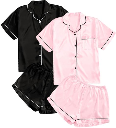 PRICES MAY VARY. CLASSIC DESIGN - These comfy loungewear set includes 2 button-down top and 2 pair of shorts. The satin pajama set is perfect for a luxurious and elegant loungewear look.The button-down top with notch-collar detailing and chest pocket exudes a classic and chic vibe, while the shorts with a soft elastic waistband provide comfort and ease of movement. HIGH QUALITY MATERIAL - Made from a blend of 95% polyester and 5% spandex, this loungewear set offers a comfortable and stretchy fee Silk Pjs Amazon, Pink Satin Pjs, Pajama Set Amazon, Matching Set Pajamas, Cozy Pajama Set, Pjs Baddie, Preppy Pajamas Set, Sleep Over Outfits, Matching Pjs Friends Birthday