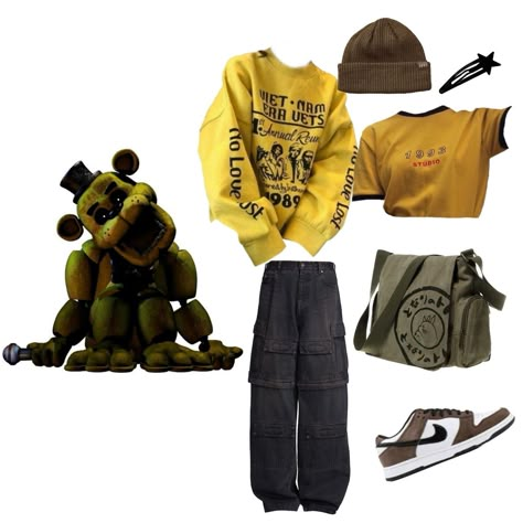 Chica Outfit Fnaf, Fnaf Clothes Outfits, Fnaf Themed Outfits, Fnaf Costume Ideas, Fnaf Movie Outfit Ideas, Golden Freddy Cosplay, Fnaf Inspired Outfits, Fnaf Outfit Ideas, Fnaf Clothes