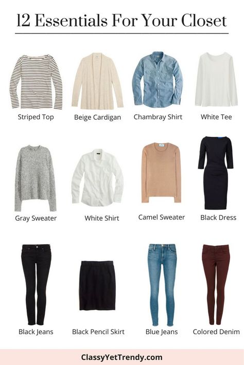 12 Fall Winter Spring Essentials For Your Closet - you can build a capsule wardrobe around these clothes: striped, beige cardigan, chambray shirt, white top tee, gray sweater, white shirt, camel ot tan crewneck sweater, little black dress, black jeans, pencil skirt, blue jeans and colored denim. Tan Crewneck, Minimalist Moda, Classy Yet Trendy, Beige Vest, Spring Essentials, Fashion Capsule Wardrobe, Minimalist Capsule Wardrobe, Capsule Outfits, Mode Casual