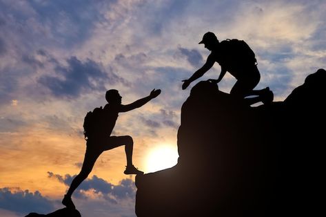 Silhouette of a male mountaineer working... | Premium Photo #Freepik #photo #man-climbing #mountain-climbing #climb #climber Climbing Mountain Illustration, Devotional Prompts, Man Climbing Mountain, Mountain Illustration, Mountain Climbing, Black Silhouette, Helping Hand, Helping Hands, Premium Photo