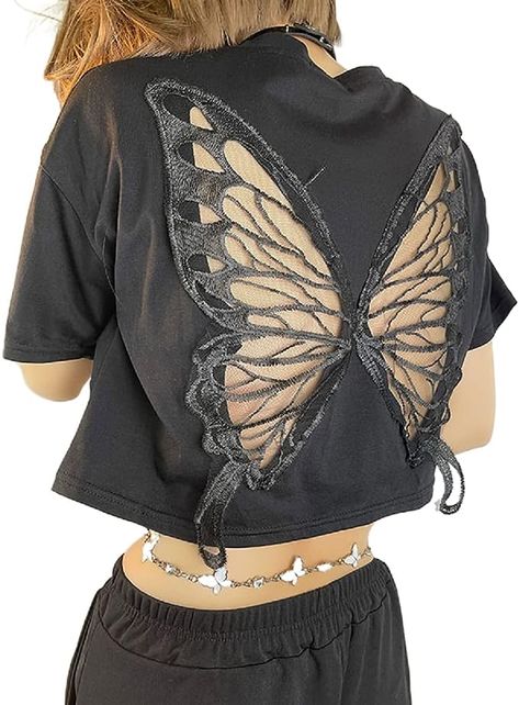 E-girl Lace Graphics Crop Top: 100% cotton, comfy, and stylish. Perfect for any occasion. Pair with jeans or skirts for a trendy look. Great for daily wear, school, parties, and more. Harajuku Fashion Goth, Grunge Butterfly, Blusas Crop Top, Estilo Harajuku, Lace Butterfly, Y2k Harajuku, Cutout Crop Top, Cutout Shorts, Tøp Aesthetic