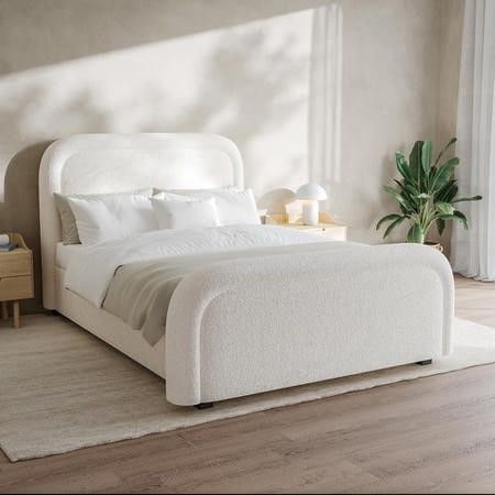 Double Ottoman Bed, White Headboard Bed, White Headboard Bedroom Ideas, White Boucle Bed, Aura Bedroom, Boucle Bedroom, White Headboard Bedroom, Bedframe Ideas, White Double Bed