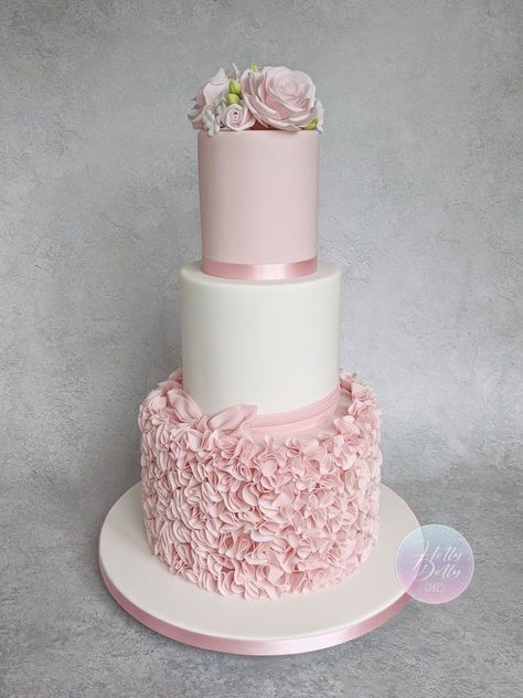 Simple and elegant three tier wedding cake with sugar roses and ruffles Three Tiers Wedding Cake, Three Tier Cake Design, Wedding Cake Three Tier, Dolly Cakes, Ruffles Cake, Three Tier Wedding Cake, Tiered Cakes Birthday, Holly Dolly, Tiered Cake Design