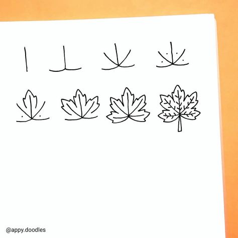 Fall doodles | Maple leaf step by step doodle tutorial. Learn how to doodle a maple leaf for your fall themed bullet journal spreads. Follow @appy.doodles on instagram for more step by step doodle tutorials, doodle art for beginners, cute and easy things to draw in your art journals, simple doodle drawings, cute bullet journal doodles. Simple Maple Leaf Drawing, Fall Leaf Doodle, Easy Fall Leaf Drawing, Autumn Leaves Drawing Simple, Fall Doodles Step By Step, Maple Leaf Doodle, Fall Leaf Drawing, Romanticizing Autumn, Doodles Step By Step