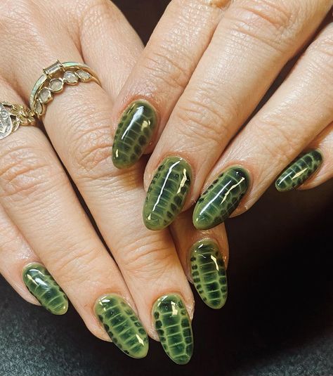 Showing up to the holiday party in style ✨🐊 . Croc nail design over builder gel overlay using @luminary_nail_systems and @luxapolish w… | Instagram Dark Green Crocodile Nails, Green Reptile Nails, Gator Skin Nails, Reptile Skin Nails, Green Tortoise Nails, Green Alligator Nails, Green Snake Skin Nails, Gator Nails Designs, Alligator Skin Nails