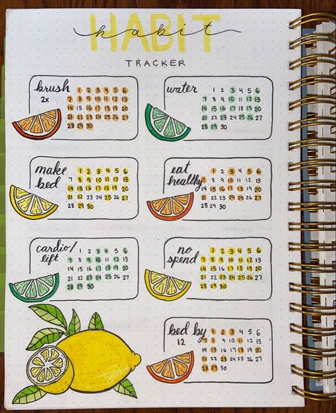 Citrus Bullet Journal Theme, Bujo Fruit Theme, Lemon Bullet Journal, Fruit Bullet Journal, June Habit Tracker, Bullet Journal Outline, Journal Hand Lettering, Bullet Journal Topics, Bullet Journal Hand Lettering