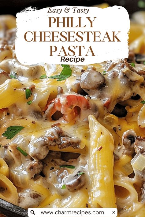 Italian Dishes With Steak, Philly Cheese Pasta Recipes, Philly Cheesesteak Pasta Recipe, Philly Cheesestake Pasta, Ribeye Steak Pasta, Philly Cheese Steak Noodles, Pasta Entree Recipes, Easy Philly Cheese Steak Pasta, Philly Cheese Steak Pasta Casserole