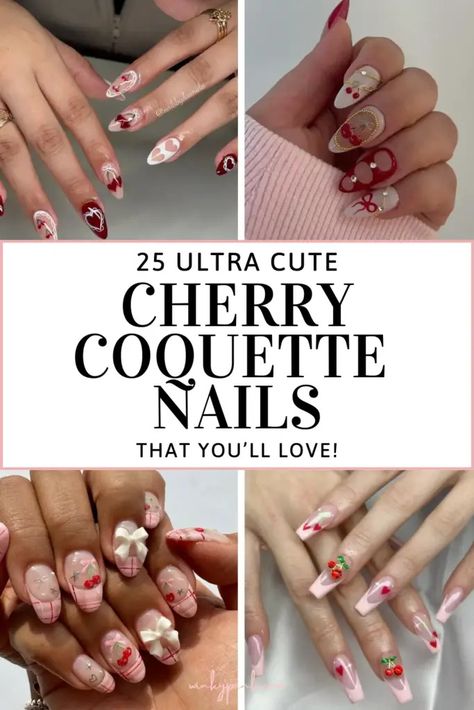 25 Of The Cutest Cherry Coquette Nail Ideas - Winky Pink Cherry Coquette Nails, Cherry Inspired Nails, Nail Ideas Coquette, Cherry Design Nails, Red Coquette Nails, Cherry Acrylic Nails, Cherry Nails Acrylic, Pink Cherry Nails, Cherry Nails Designs