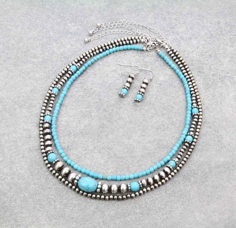 Metallic Pearl and Bead Multi-Strand Necklace Set * Burnished Silver and Turquoise Color * Matching Earrings * 16″, 17″, 18″ + 3″ EXT * Nickel, Lead & Chrome free * It is not sterling silver * All photos are stock photos Western Necklaces, Navajo Style, Pearls Necklace, Southwestern Jewelry, Necklace Beaded, Western Jewelry, Multi Strand Necklace, Turquoise Color, Strand Necklace