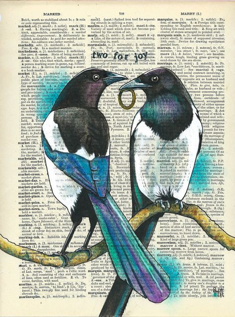 Two Magpies, Magpie Tattoo, Magpie Art, Newspaper Art, Book Page Art, Magpie, Gcse Art, Bird Illustration, Bird Drawings