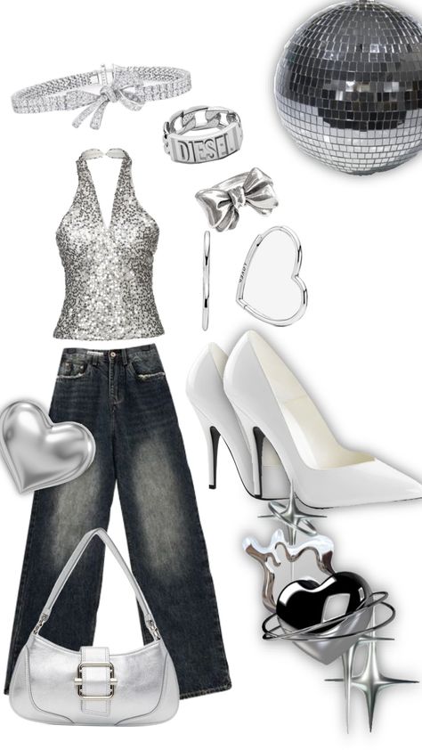 #silver #partygirlaesthetic #party#outfit #clothe Glitter Theme Party Outfit, Silver Theme Outfit, Disco Casual Outfit, Silver Party Outfit, Disco Themed Party Outfit, Silver Outfit Ideas, Chrome Outfits, Black And Silver Outfits, Silver Outfit