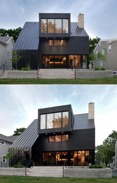 A modern black house with wood siding and a standing seam metal roof, as well as black window frames. Modern Windows Exterior, Tin Roof House, Black Modern House, Modern Black House, Metal Roof Houses, Wood Siding Exterior, Black Window Frames, German Houses, Lake Houses Exterior