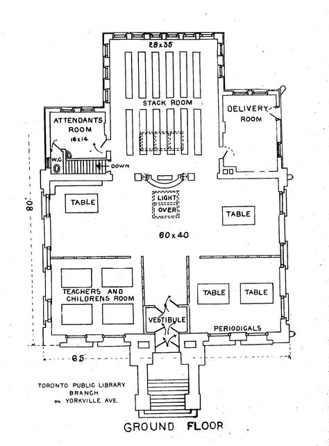 Yorkville Branch - Toronto Public Library - architectural floor plan for main floor - circa 1907. Simple Library Design, Small Library Plan Architecture, Small Library Design Architecture Plan, Library Layout Floor Plans, School Library Layout Floor Plans, Sims 4 Library Layout, Bloxburg Library Layout, Library Plan Design, Public Library Design Plan