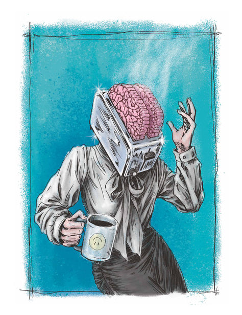 A little illustration about burnout. You can buy it on Redbubble at redbubble.com/people/KConradArt. I'm also available for freelance, check out my portfolio at kconrad.myportfolio.com #workingartist #editorialart #illustration #brain #office #workplace #humor #funny #weirdart #teal #burnout #burntout #toaster #photoshop #comicbookstyle #mentalhealth #art #wallart Burn Out Artwork, Academic Burnout Art, Burnout Drawing, Burnout Artwork, Burnout Illustration, Art Burnout, Stressed Out Sketch, Burnout Art, Support Illustration