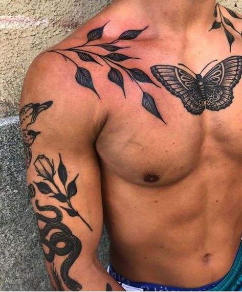 Mens Butterfly Tattoo, Collar Bone Tattoo For Men, Ma Tattoo, Backpiece Tattoo, Small Chest Tattoos, Torso Tattoos, Flame Tattoos, Mens Shoulder Tattoo, Tattoo Inspiration Men