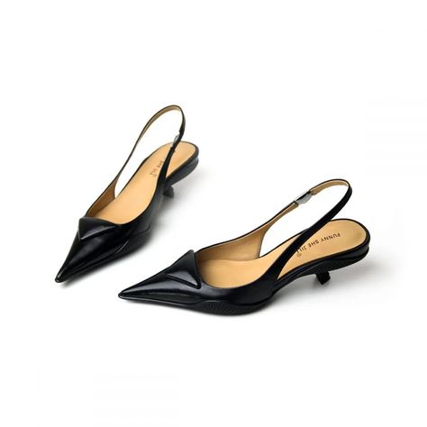 Triangle Pointed Toe Leather Kitten Heels Slingback Low Heels Triangle Decor, Pointed Toe Kitten Heels, Black Court Shoes, Black Slingback Heels, Heels Slingback, Staple Shoes, Kitten Heel Shoes, Spot Lights, Short Heels