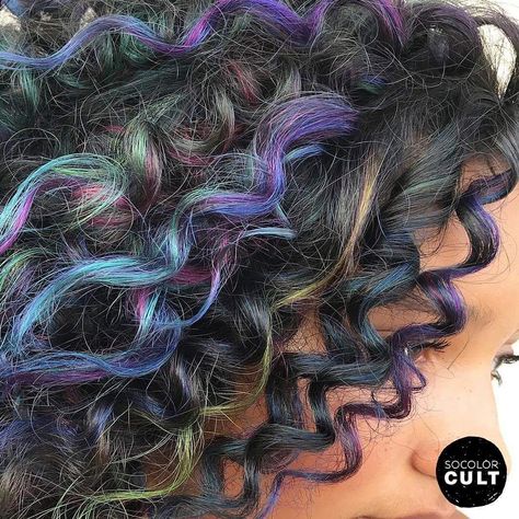 Hair Color Curly, Oil Slick Hair Color, Oil Slick Hair, Slick Hair, Rainbow Hair Color, Redken Color, Colored Curly Hair, Hair Trend, Oil Slick