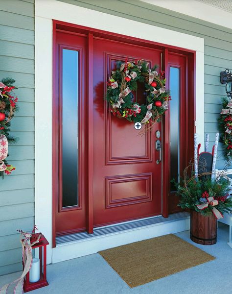 Painted Front Door Interior, Outdoor House Colors, House Doors Colors, Red Door House, Green House Exterior, Front Door Interior, Ranch House Exterior, Modern Exterior Doors, Red Front Door