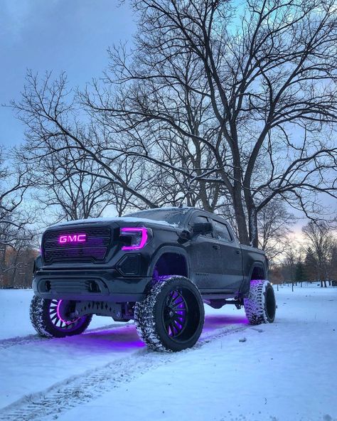 Purple Truck Aesthetic, Inside Of Truck Ideas, Black Pickup Truck Aesthetic, Cool Cars And Trucks, Cute Trucks, Trucks For Women, Trucks With Led Lights, Pink Lifted Trucks, Pink Chevy Trucks