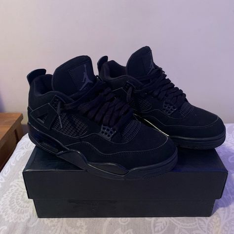 Jordan 4 Black Cats All Black 4s, Black J4 Shoes, All Black Jordan 4, Black Jordan 4’s, Black Car Jordan 4, Black Cat Jordan 4 Outfit Women, Air Jordan 4s Black Cat, All Black Jordans, Jordan 4 Noir