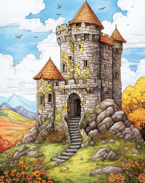 Colored using Procreate App. Part of "Forgotten Castles A Coloring Book with 50 Antique Castles" now available on Amazon and Etsy. This enchanting collection features 50 intricately detailed castles from various corners of the globe. https://customartcoloring.etsy.com https://www.amazon.com/author/customartcoloring #coloring #coloringbooks #coloringforadults #coloringpage #coloringaddict #coloringtherapy #adultcolouring #colouring #colouringbook #colouringforadults #inkdrawing #illustrator ... Middle Ages Castle Drawing, Inside Of A Castle Drawing, Fairytale Castle Illustration, Castle Arts Color Pencils, Inside Castle Illustration, Castle Sketch, Castle Illustration, Procreate App, Live Colorfully