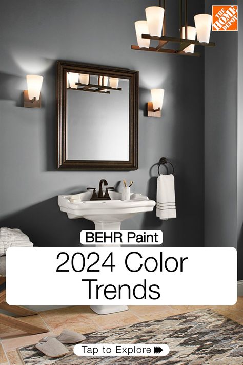 Explore the color trends that will carry us through 2024 with BEHR at The Home Depot. Paint is a great way to update the look of your space without breaking the bank. Whether you're looking to brighten up your space with a warm tone or lean into a darker aesthetic, there's a color sure to interest you. Tap to explore. Gym Restroom, Zen Paint Colors, Wall Colors For Living Room, Beige And Black Bathroom, Home Depot Paint Colors, Behr Paint Colors Grey, House Paint Design, Darker Aesthetic, 2024 Color Trends