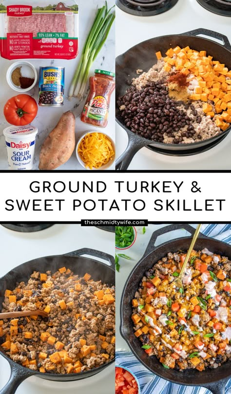 This easy to make healthy Turkey Sweet Potato Skillet meal is one to save for a quick weeknight meal. Full of fresh delicious flavors from black beans, sweet potatoes, spices, tomatoes, ground turkey, and I can't forget that easy 2 ingredient sauce. This is a perfect meal for when you are short of time but looking for full flavor! Ground Turkey And Sweet Potato, Turkey Sweet Potato Skillet, Turkey And Sweet Potato, Turkey Sweet Potato, Potato Skillet, Ground Turkey Recipes Healthy, Sweet Potato Skillet, Sweet Potato Black Beans, Sausage Potatoes