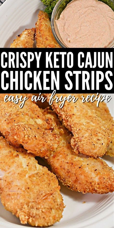 Crispy Keto Cajun Air Fryer Chicken Strips #crispyketocajunchickenstrips #cajunchickenstrips Keto Airfryer Chicken Tenders, Cajun Air Fryer Chicken, Keto Air Fryer Dinner Recipes, Keto Fried Chicken Air Fryer, Keto Chicken Strips Air Fryer, Keto Chicken Strip Recipes, Keto Cajun Recipes, Keto Chicken Tenders Air Fryer, Low Carb Chicken Strips