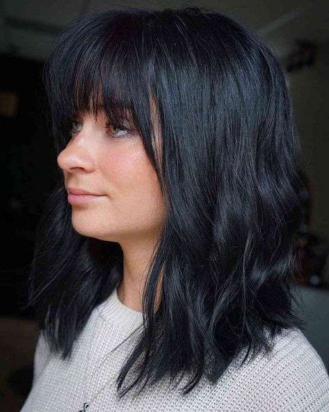 Med Length Haircut With Curtain Bangs, Medium Long Bob With Bangs, Black Shoulder Length Hair With Bangs, Shoulder Length Rocker Hair, Shaggy Lob With Bangs Shoulder Length, Brunette Bangs Shoulder Length, Bangs Plus Size, Mid Length Haircut With Bangs, Shoulder Length Hair Bangs