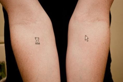 Computer hourglass and cursor tattoos Computer Tattoo, Tech Tattoo, Circular Tattoo, Couple Tattoos Love, Dna Tattoo, Nerdy Tattoos, Small Couple Tattoos, Tattoos Infinity, Nerd Tattoo