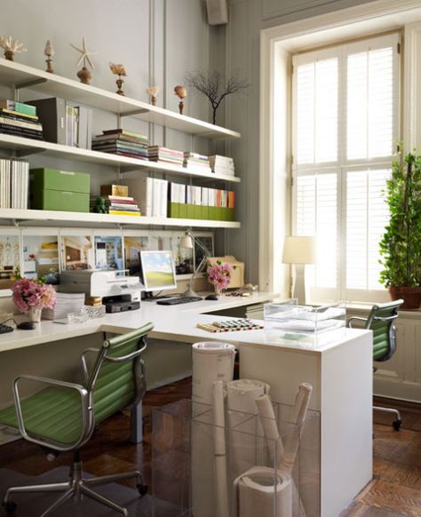 home office-like how there is a separation that makes for extra space and separates the two spaces. Office For Two, Ikea Office, Shared Office, Craft Room Design, Modern Office Design, Office Workspace, Craft Room Office, Gaming Desk, Home Office Space