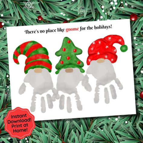 Kids will have a lot of fun this holiday season creating this cute There's No Place Like Gnome for the Holidays Handprint / Fingerprint Craft! Create the gnomes beards with children's handprints and the gnomes noses with their fingerprints! A unique and sentimental gift giving idea. A great resource for teachers as a daycare, preschool, kindergarten or homeschool Holiday activity! Instant Download. You will receive 3 different sizes: (1) 8x10 inch PDF File (1) 8.5x11 inch PDF File (1) A4 PDF Fil Christmas Crafts Two Year Olds, Christmas Handprint Canvas Ideas, Christmas Crafts On Canvas For Kids, Christmas Painting Activities For Kids, Kids Christmas Paint Crafts, Thumbprint Christmas Tree, Hand And Foot Print Christmas Art For Kids, Diy Christmas Paintings On Canvas Kid Hand Prints, Christmas Kids Crafts Handprints