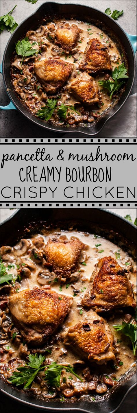 You'll love this crispy chicken in a creamy bourbon sauce with pancetta and mushrooms! Pancetta Recipes, Dinner Board, Bourbon Sauce, Bourbon Chicken, Chicken Skin, Supper Club, Crispy Chicken, Poultry Recipes, Mushroom Recipes